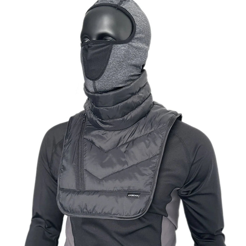 Person wearing a gray balaclava and protective vest 