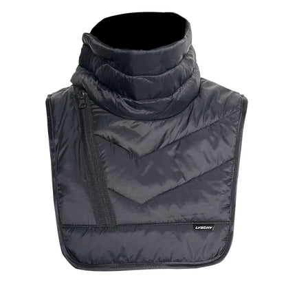Black puffer vest with brand logo on a white background
