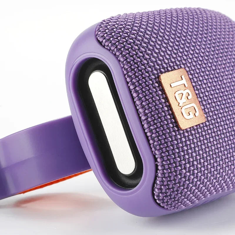 Purple textured Portable-Bluetooth-Speaker with a brand logo on a white background