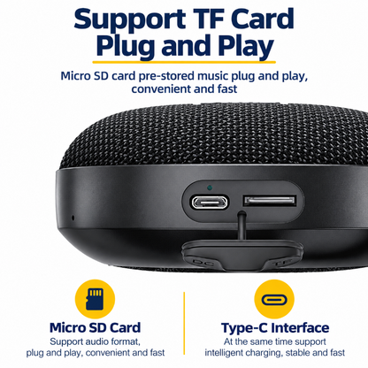 A close-up product feature graphic of a black portable speaker showing its ports, with text and icons explaining support for TF Card plug and play and a Type-C interface.