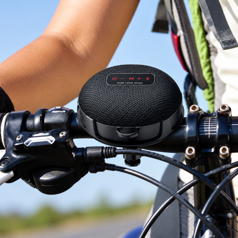 A black wireless bicycle speaker mounted on a bicycle handlebar, shown in use outdoors with a cyclist's arm visible in the background.