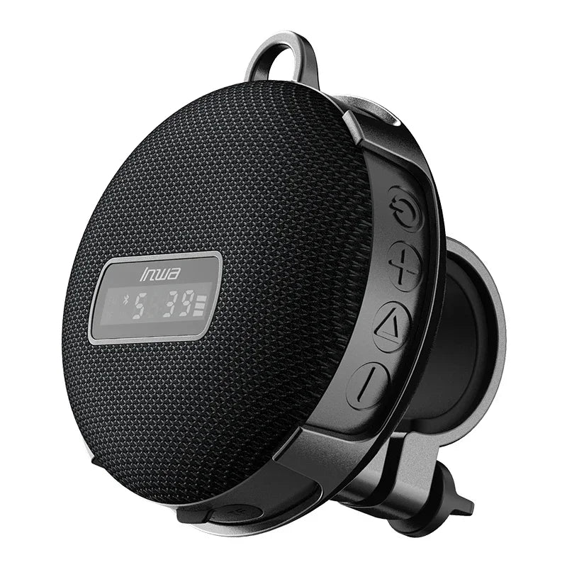 Black portable speaker with digital display and car mount on a white background