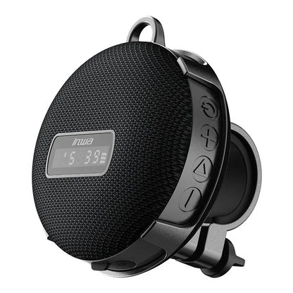 Black portable speaker with digital display and car mount on a white background