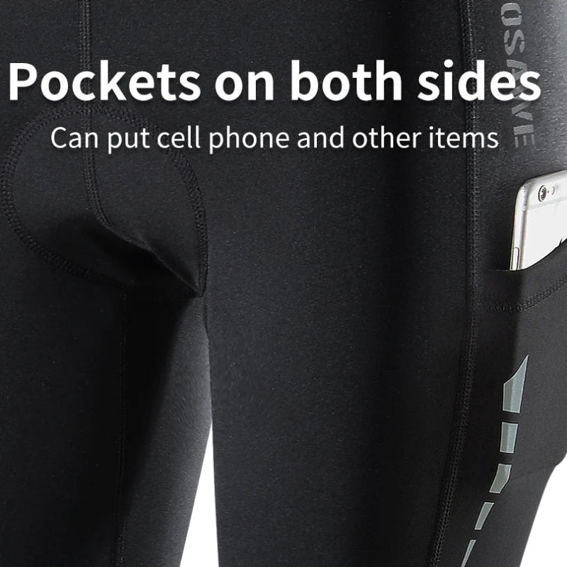 Black leggings with pockets on both sides, showing a phone in one pocket.