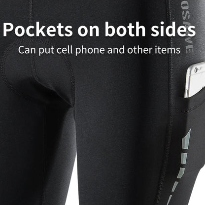 Black leggings with pockets on both sides, showing a phone in one pocket.