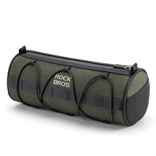 Green cylindrical bag with black straps on a white background