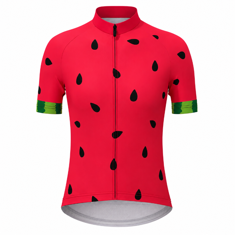 A red short-sleeve cycling jersey with a watermelon print, featuring black seed details and green striped cuffs, shown on a plain white background.