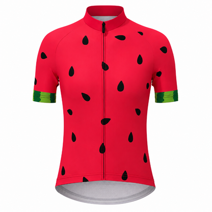 A red short-sleeve cycling jersey with a watermelon print, featuring black seed details and green striped cuffs, shown on a plain white background.