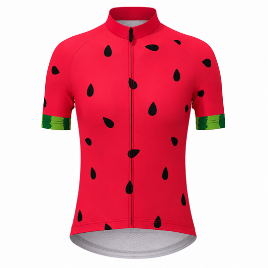 A red short-sleeve cycling jersey with a watermelon print, featuring black seed details and green striped cuffs, shown on a plain white background.