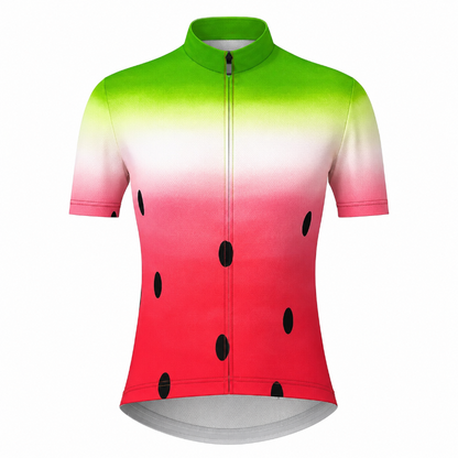 A short-sleeve cycling jersey with a watermelon print design, featuring a green-to-white-to-pink gradient that transitions into red with black seed details, shown on a plain white background.