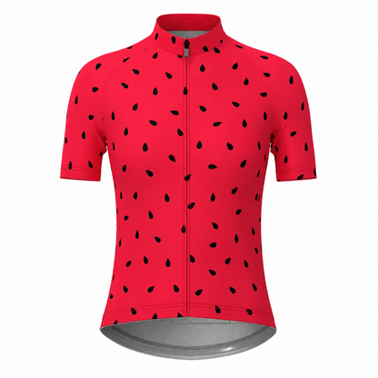 A red short-sleeve cycling jersey with a black watermelon seed pattern, featuring a full-length front zipper and a mock neck collar, shown against a plain white background.