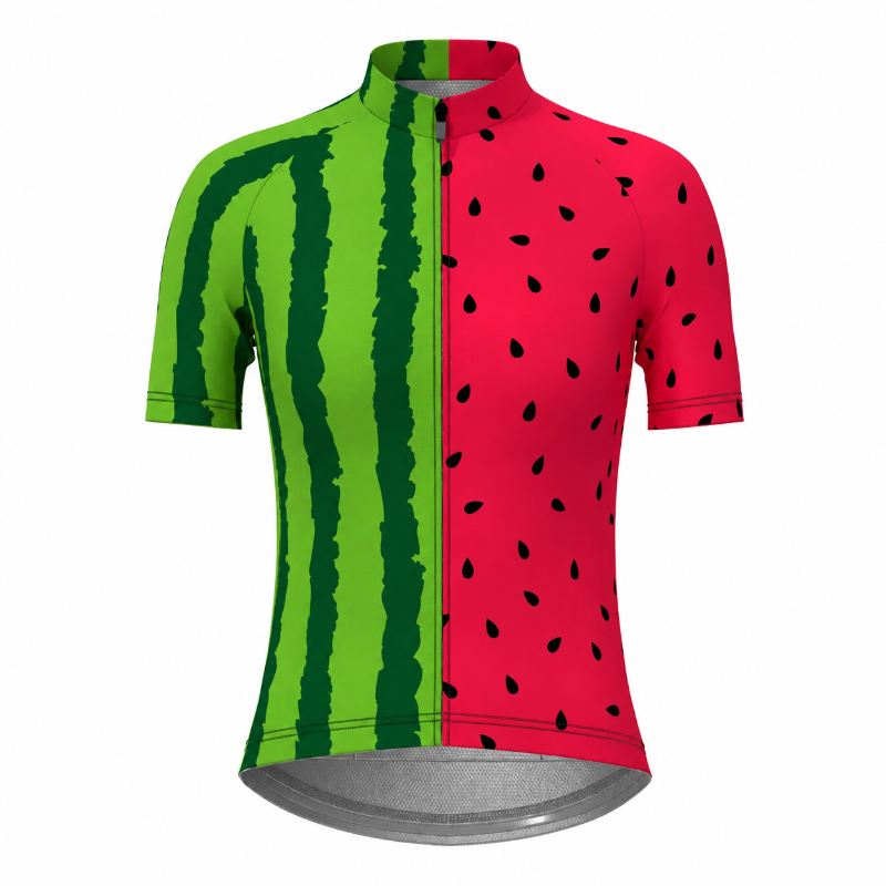 A short-sleeve cycling jersey with a watermelon print, featuring dark green stripes on the left side and red with black seed details on the right side, shown on a plain white background.