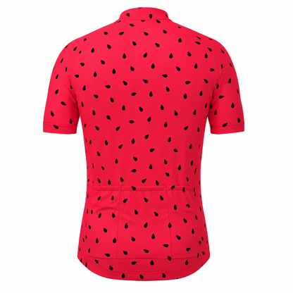 A red short-sleeve cycling jersey shown from the back, featuring an all-over black seed pattern and a rear pocket, displayed on a clean white background.