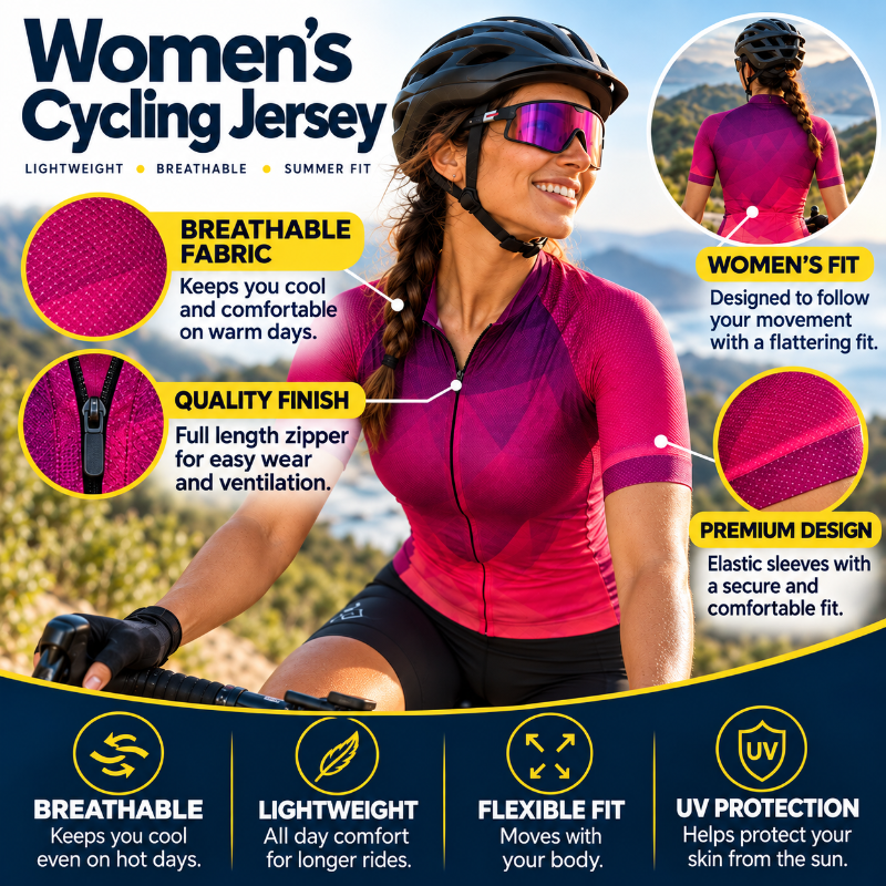 A promotional graphic for a women's cycling jersey. A woman wearing a black cycling helmet and reflective sunglasses is shown riding a bicycle, with a bright pink and purple gradient jersey.