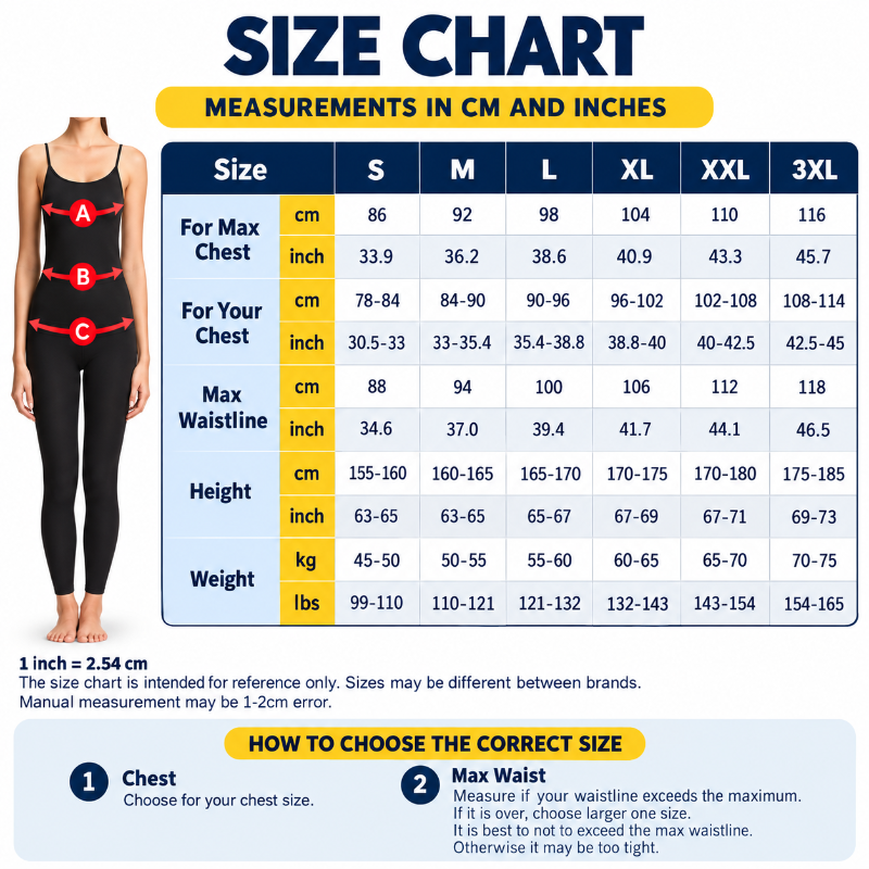 A size chart graphic for apparel measurements, showing a female model outline with chest, waist, and height measurement points labeled A, B, and C. The main content is a blue measurement table with columns for S, M, L, XL, XXL, and 3XL, plus body measurements in cm and inches.