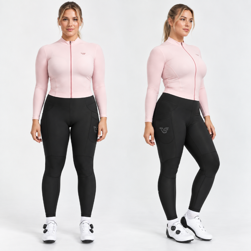 Two views of a woman modeling a light pink long-sleeve cycling jersey and black cycling tights with white cycling shoes against a light gray studio background.