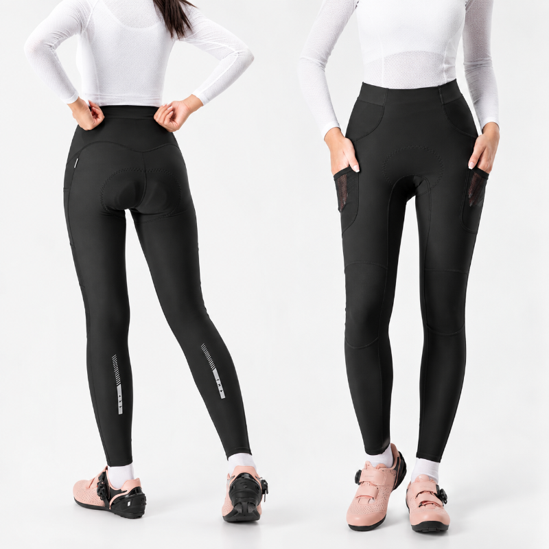 Two views of a model wearing black high-waisted cycling leggings with side pockets and reflective striping, paired with a white long-sleeve top and cycling shoes, against a plain white background.
