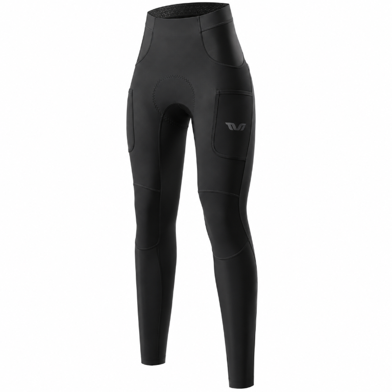 Black high-waisted technical cycling tights with integrated knee pads and a side cargo pocket, featuring a small gray logo on the upper thigh, shown against a plain white background.