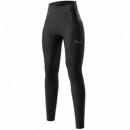 Black high-waisted technical cycling tights with integrated knee pads and a side cargo pocket, featuring a small gray logo on the upper thigh, shown against a plain white background.