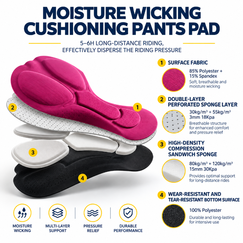 An infographic showing a three-layer riding pad in bright pink, white, and black, labeled with numbered callouts (1-4) and accompanied by feature icons for moisture wicking, cushioning, pressure relief, and durability. Text at the top reads 'MOISTURE WICKING CUSHIONING PANTS PAD'.