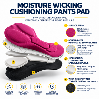 An infographic showing a three-layer riding pad in bright pink, white, and black, labeled with numbered callouts (1-4) and accompanied by feature icons for moisture wicking, cushioning, pressure relief, and durability. Text at the top reads 'MOISTURE WICKING CUSHIONING PANTS PAD'.