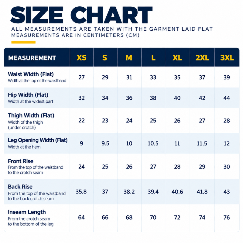 A size chart table with columns forXS, S, M, L, XL, 2XL, and 3XL, showing measurements for waist, hip, thigh, leg opening, front rise, back rise, and inseam in centimeters.