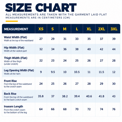 A size chart table with columns forXS, S, M, L, XL, 2XL, and 3XL, showing measurements for waist, hip, thigh, leg opening, front rise, back rise, and inseam in centimeters.