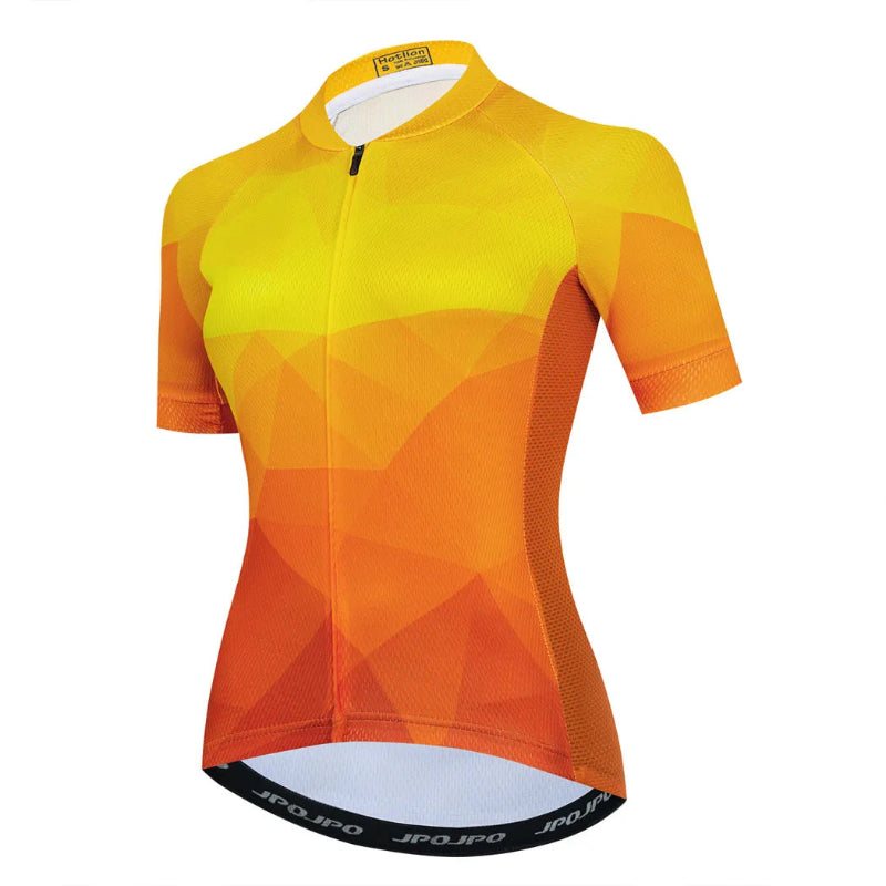 Yellow and orange cycling jersey with geometric pattern on a white background