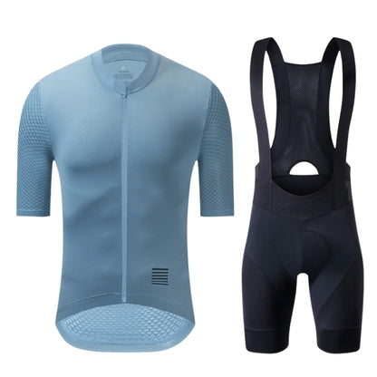 Blue cycling jersey and black bib shorts on a white background