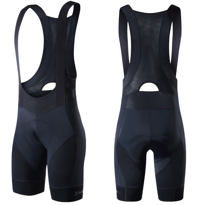 Black cycling bib shorts shown from front and back on a white background
