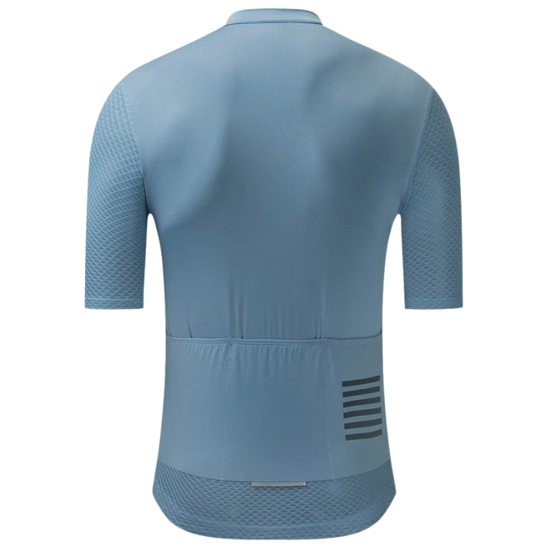 Blue cycling jersey with short sleeves on a white background