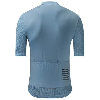 Blue cycling jersey with short sleeves on a white background