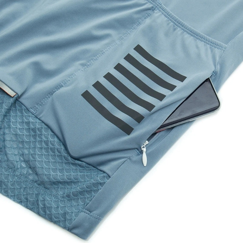 Blue athletic shorts with a pocket and black stripes on a white background