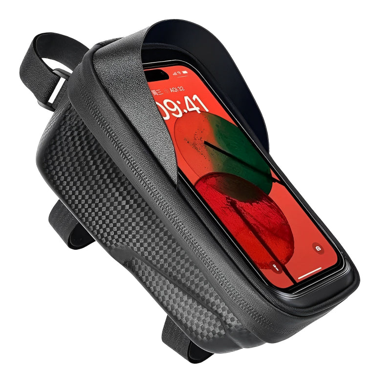 Black phone case with a red smartphone inside on a white background