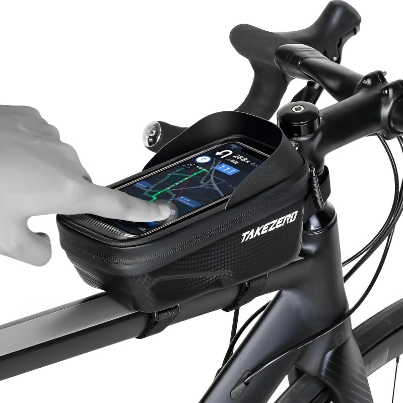 Bicycle handlebar phone mount displaying a map.