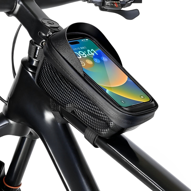 Phone case attached to a bicycle frame with a smartphone displaying a colorful screen.