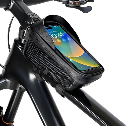Phone case attached to a bicycle frame with a smartphone displaying a colorful screen.