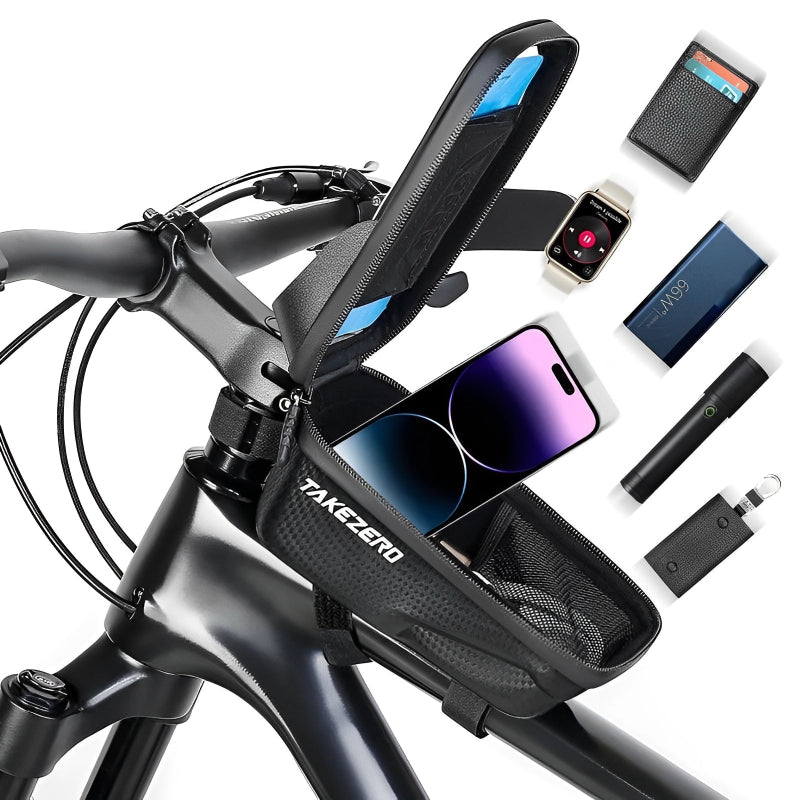 Bicycle handlebar bag with phone, sunglasses, and electronic devices displayed on a white background