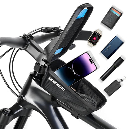 Bicycle handlebar bag with phone, sunglasses, and electronic devices displayed on a white background