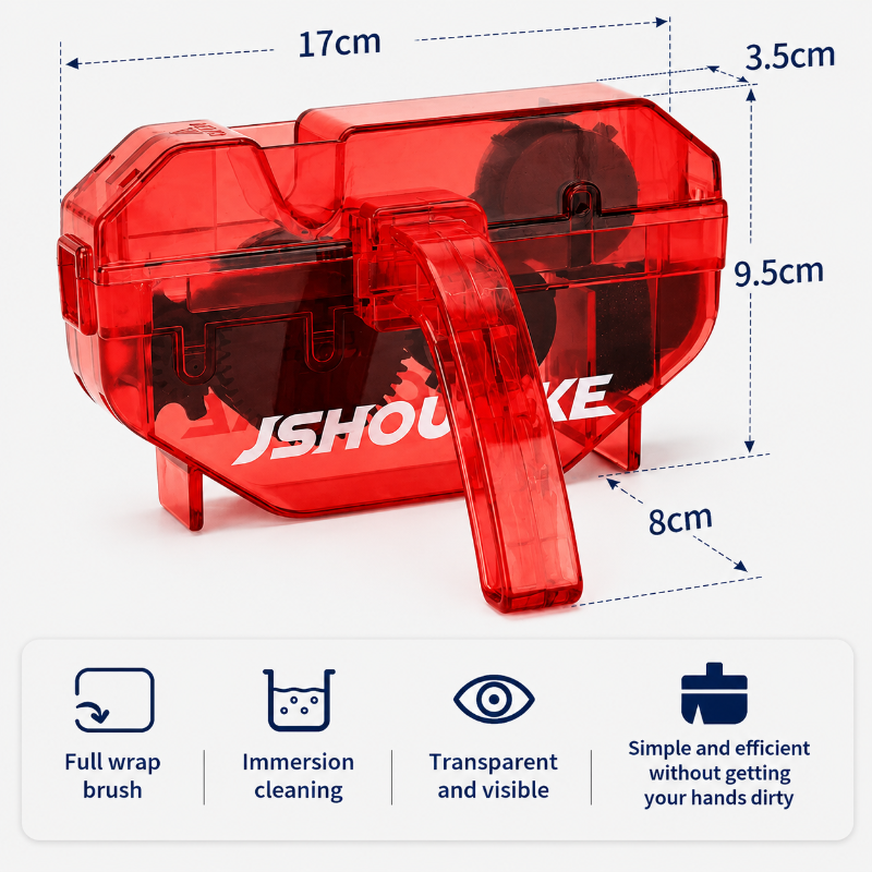 Red cleaning tool with dimensions and features on a white background