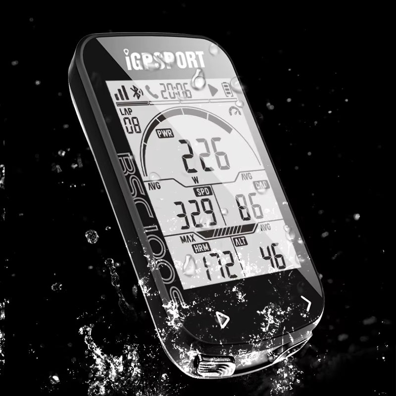 cycling computer with water droplets on a black background