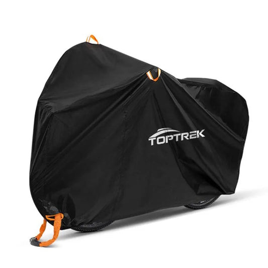 Black motorcycle cover with orange straps a white background