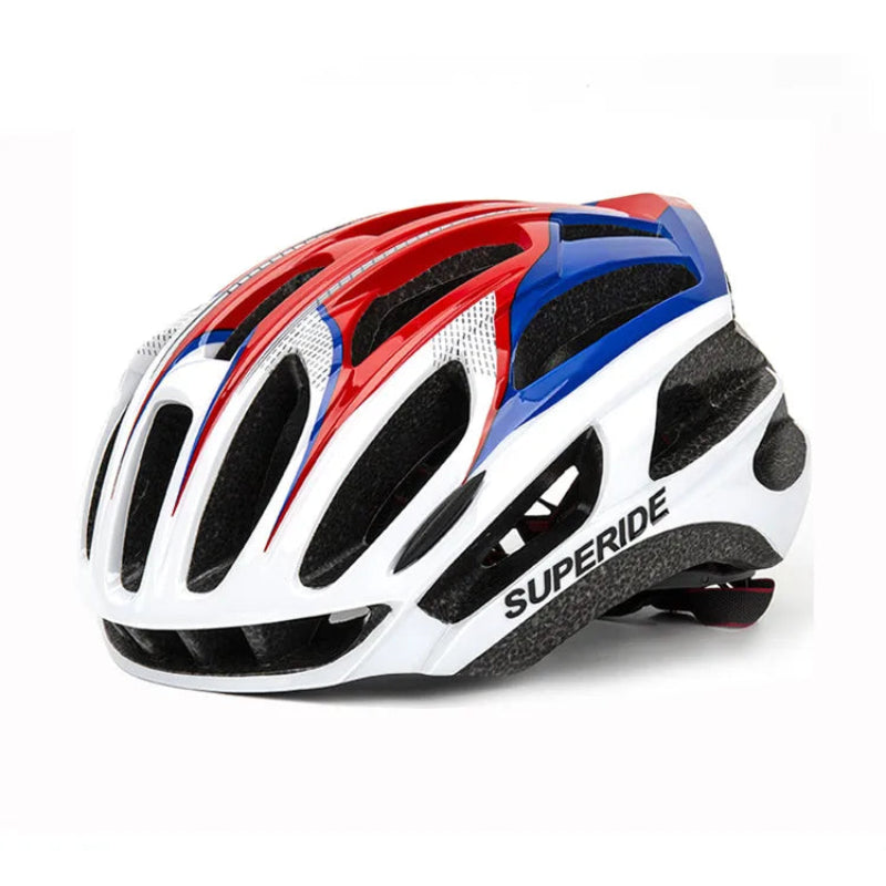 White bicycle helmet with red and blue accents on a white background