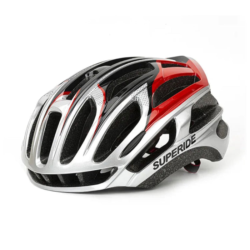 Superide bicycle helmet with black and red design on a white background