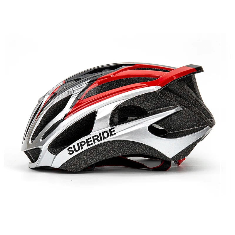 Superide bicycle helmet with red and black design on a white background