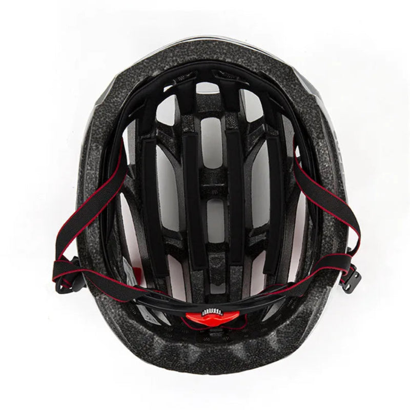 Black helmet with red accents on a white background