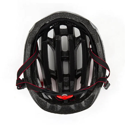 Black helmet with red accents on a white background
