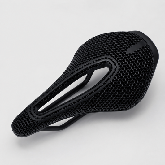 A black bicycle saddle with a textured honeycomb mesh pattern, shown from a three-quarters perspective on a light gray background.