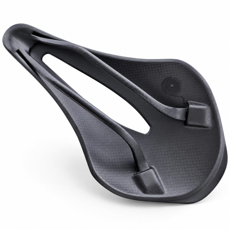 A black carbon fiber bicycle saddle with an integrated seat post insert, shown on a clean white background.