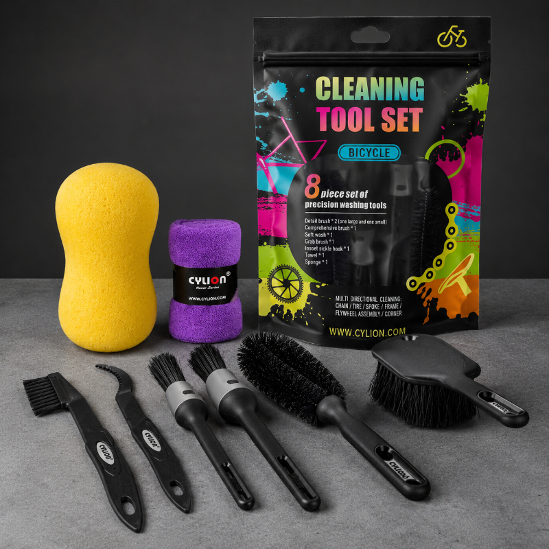 Cleaning tool set with packaging on a gray surface